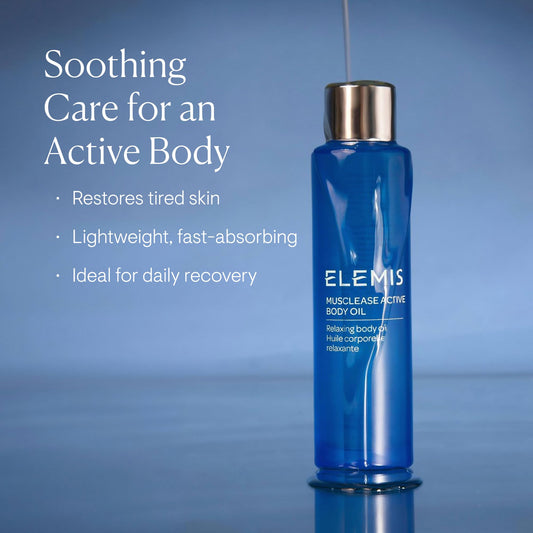 ELEMIS Musclease Active Body Oil blue bottle showcasing natural rosemary and pine ingredients