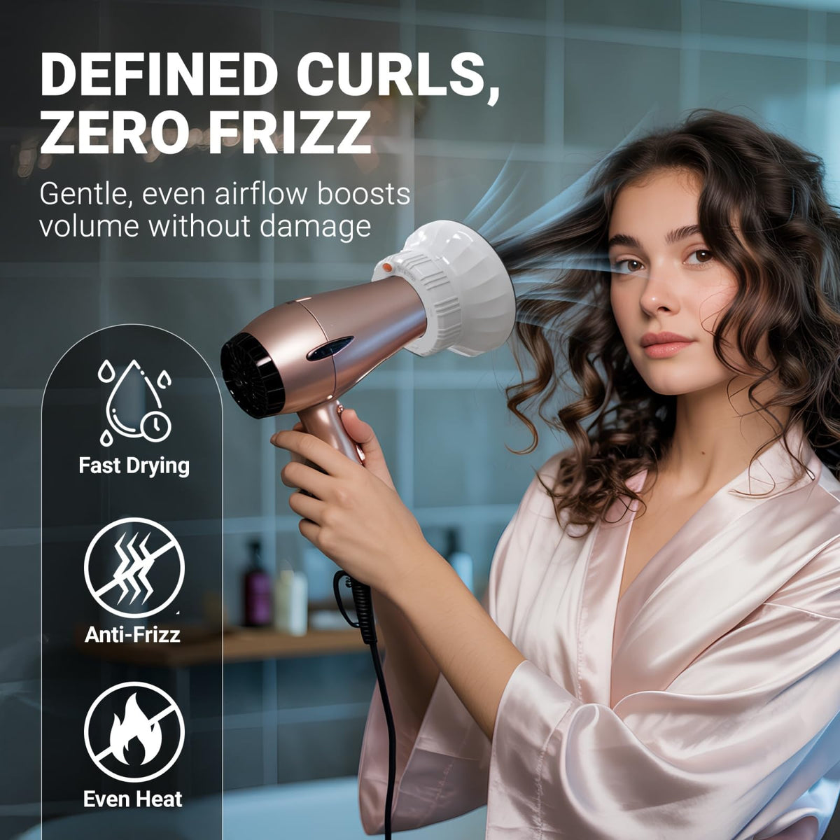 White universal blow dryer diffuser showing the secure lock button mechanism