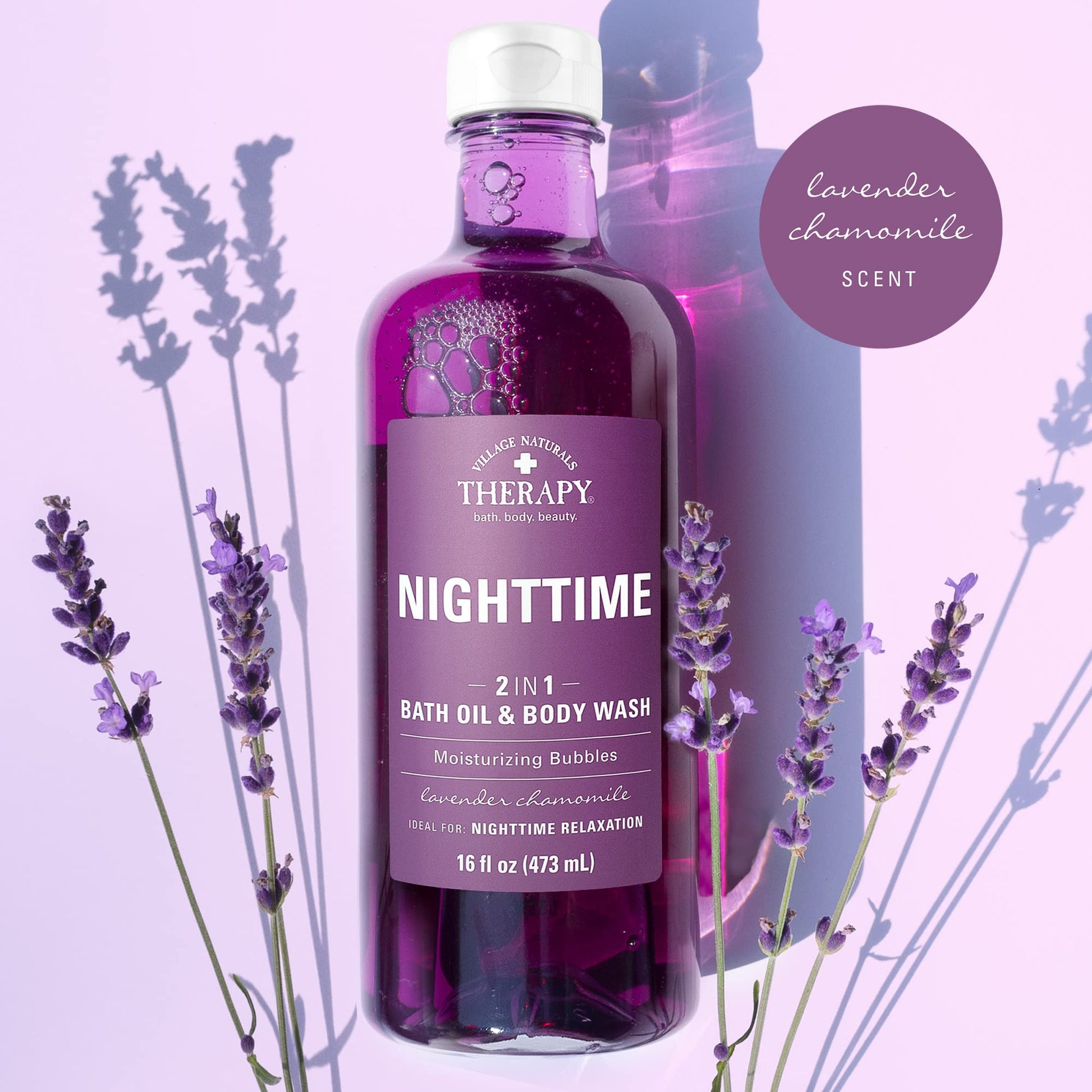 Village Naturals Therapy nighttime foaming bath oil showing the dual use instructions