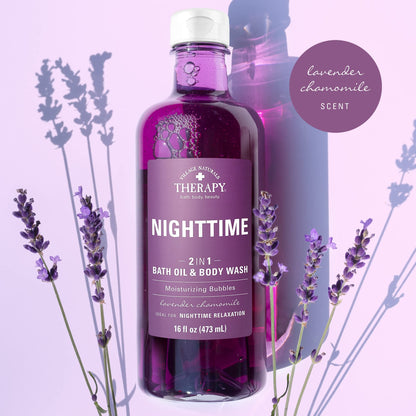 Village Naturals Therapy nighttime foaming bath oil showing the dual use instructions