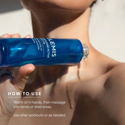 Lightweight non greasy texture of ELEMIS Musclease body oil on palms