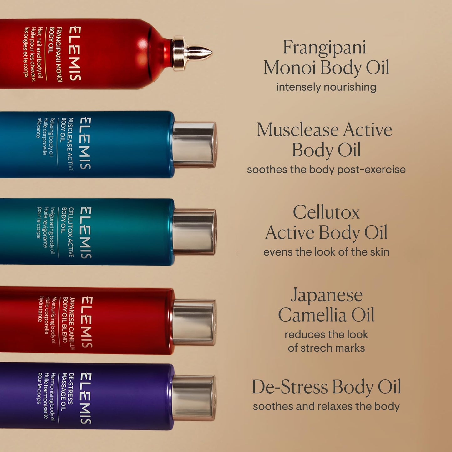 ELEMIS luxury body moisturizer and muscle relaxation oil packaging angles