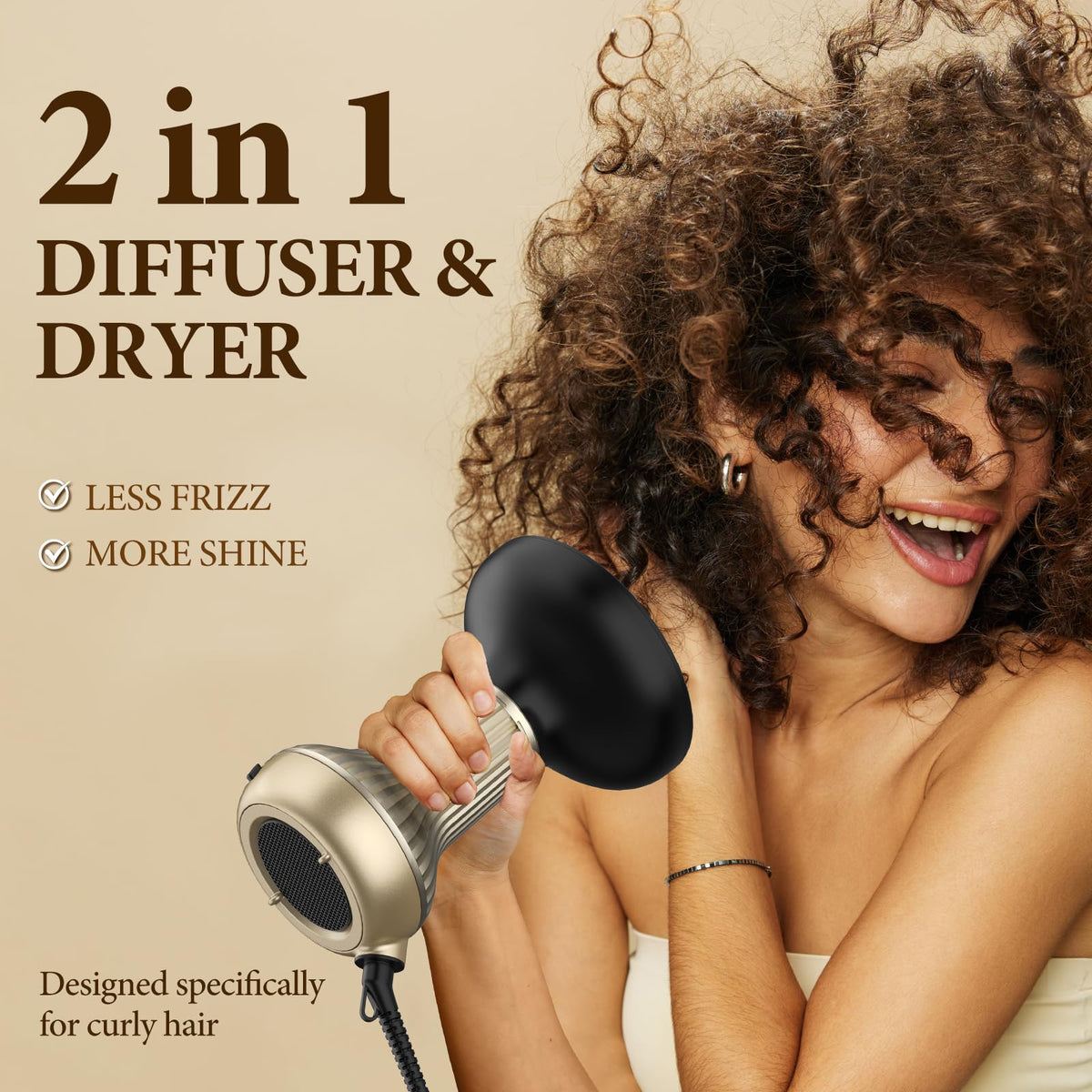 Bautia curly hair blow dryer displaying integrated wide diffuser nozzle fingers