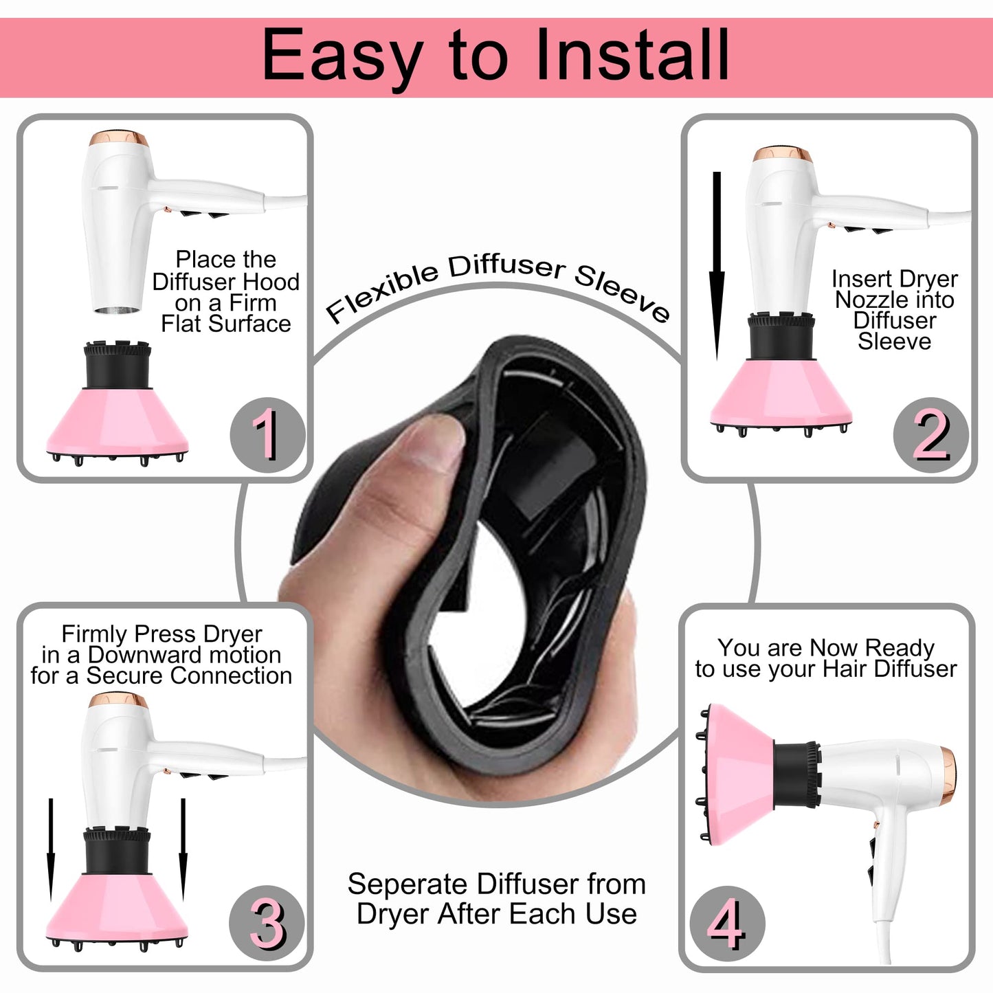 RIJATRAGAR volume enhancing hair diffuser displaying the exact dimensions for 1.7 to 2.2 inch nozzles