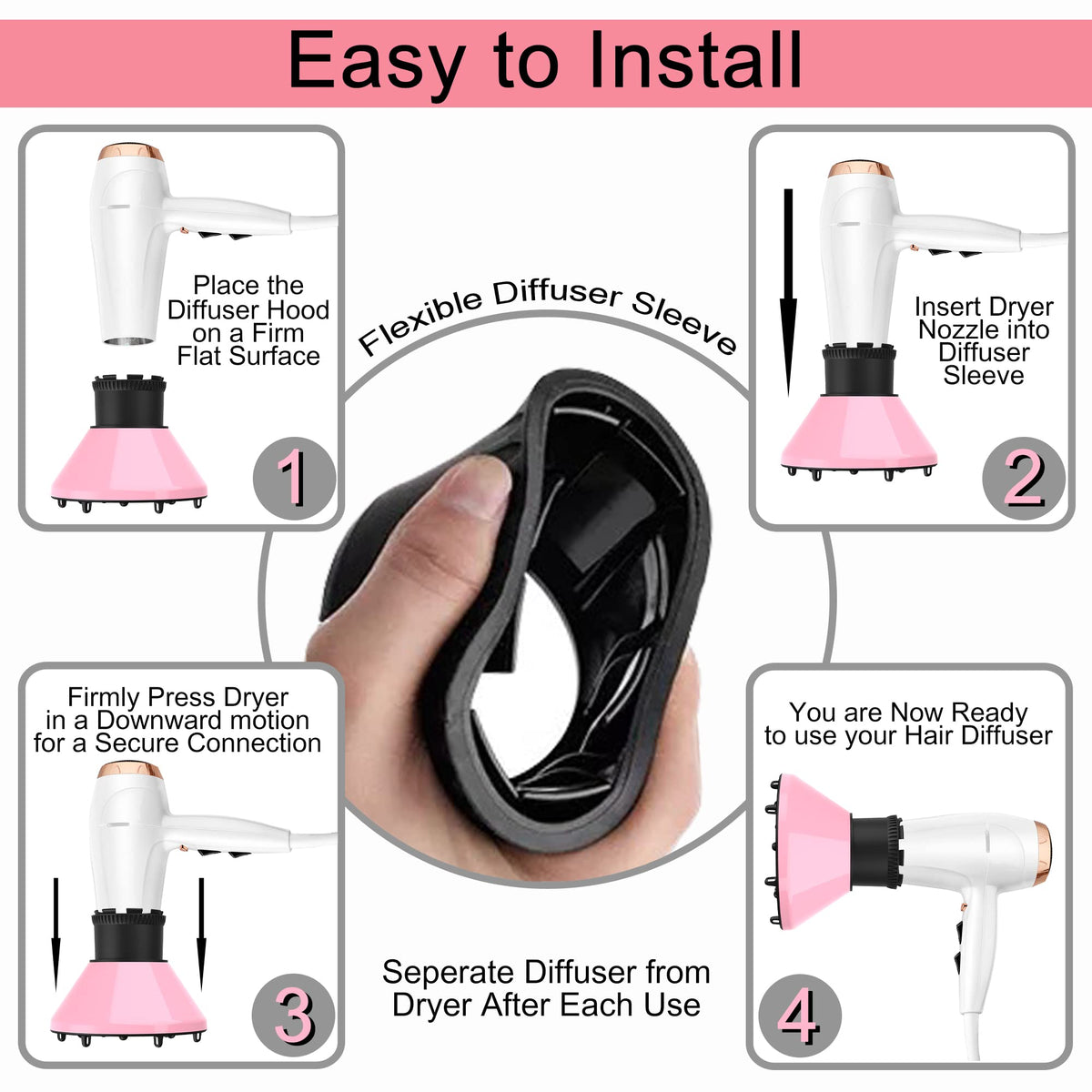 RIJATRAGAR volume enhancing hair diffuser displaying the exact dimensions for 1.7 to 2.2 inch nozzles