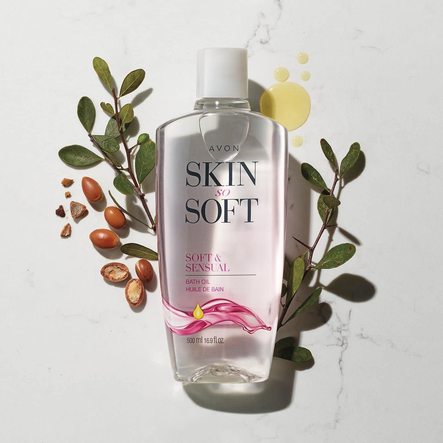 Back label view of the twenty five fluid ounce Avon bath soak highlighting product benefits