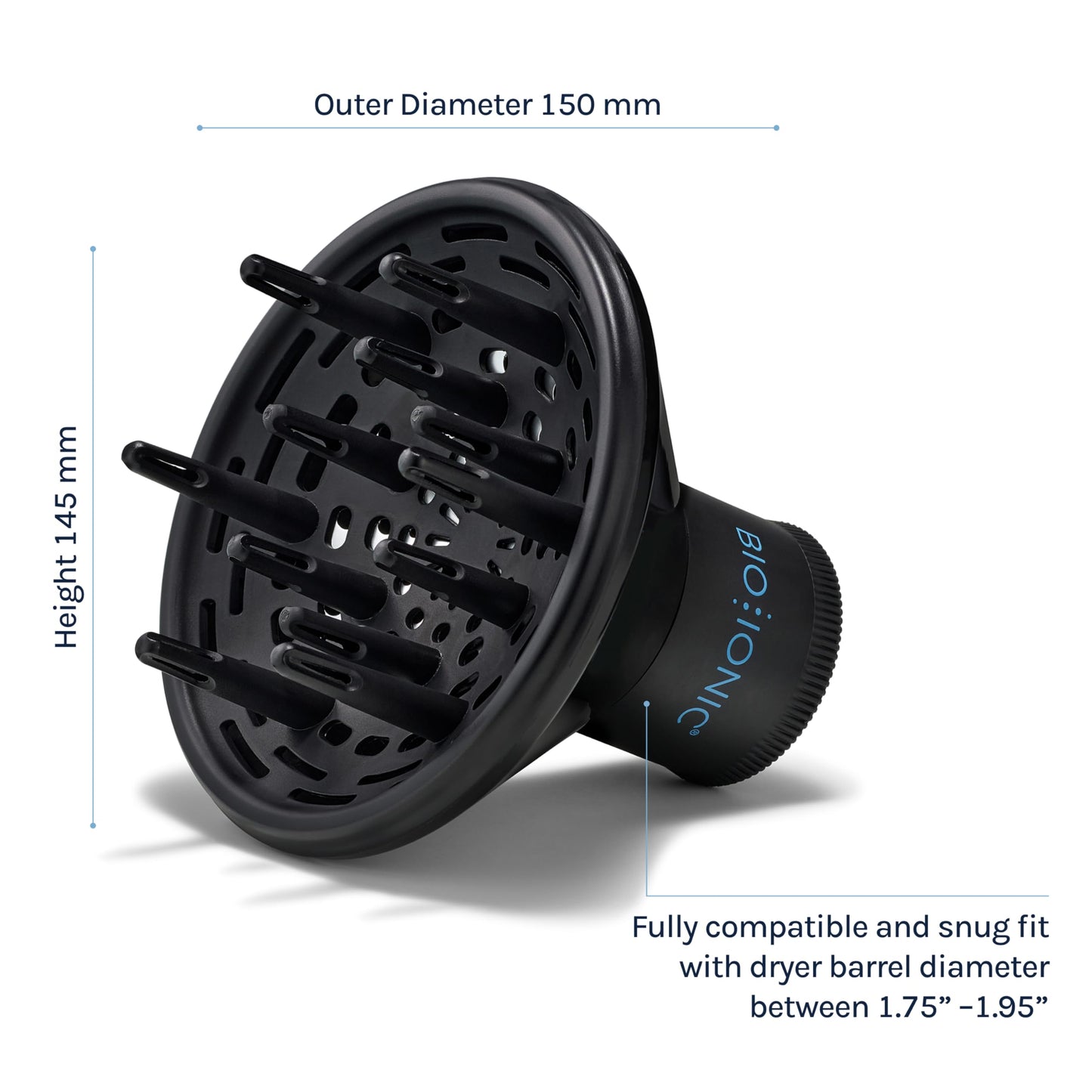Bio Ionic professional hair dryer attachment side view showcasing the rotary knob