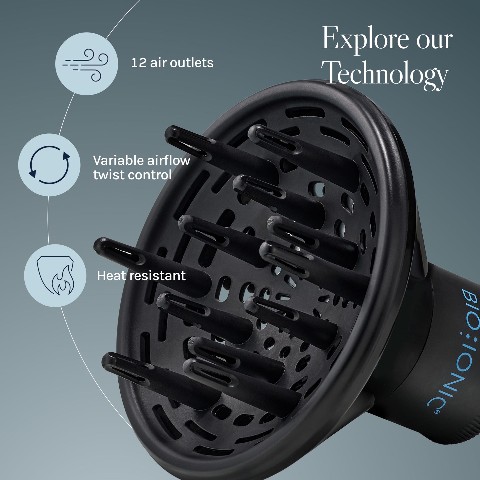 Bio Ionic black diffuser attachment displaying the stretchable rubber opening