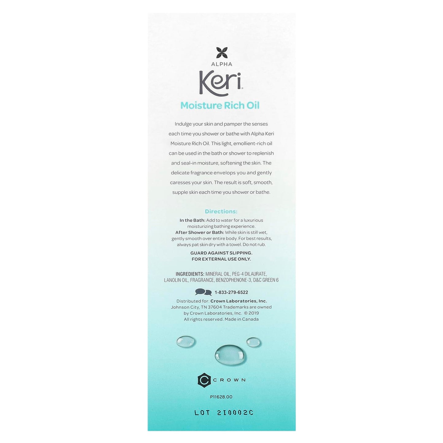 Keri clear shower and bath oil packaging imported from USA