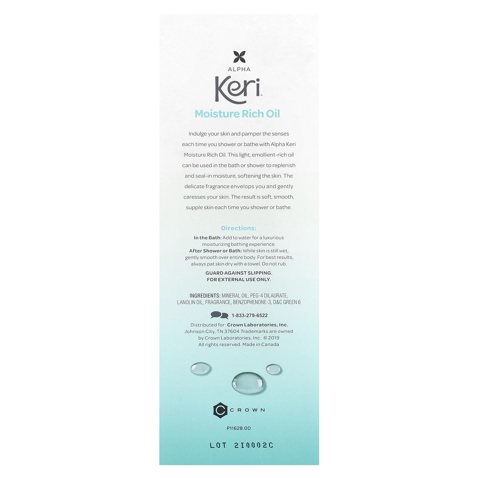 Keri clear shower and bath oil packaging imported from USA