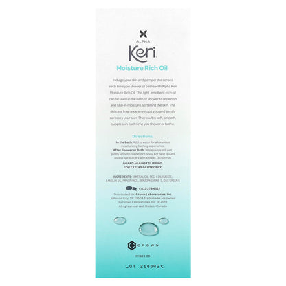 Keri clear shower and bath oil packaging imported from USA