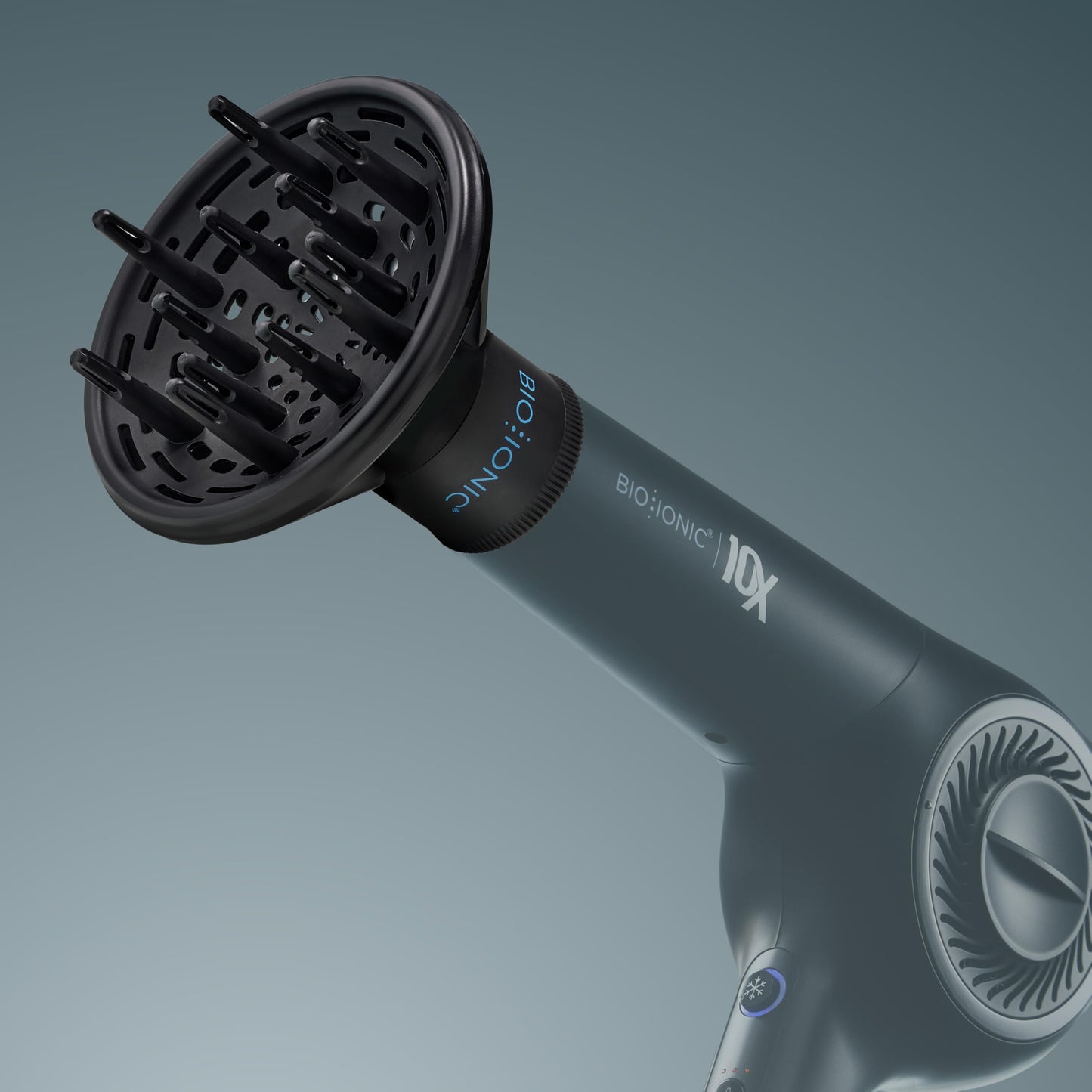 Bio Ionic curly hair diffuser attachment showcasing the extended finger design for root lift