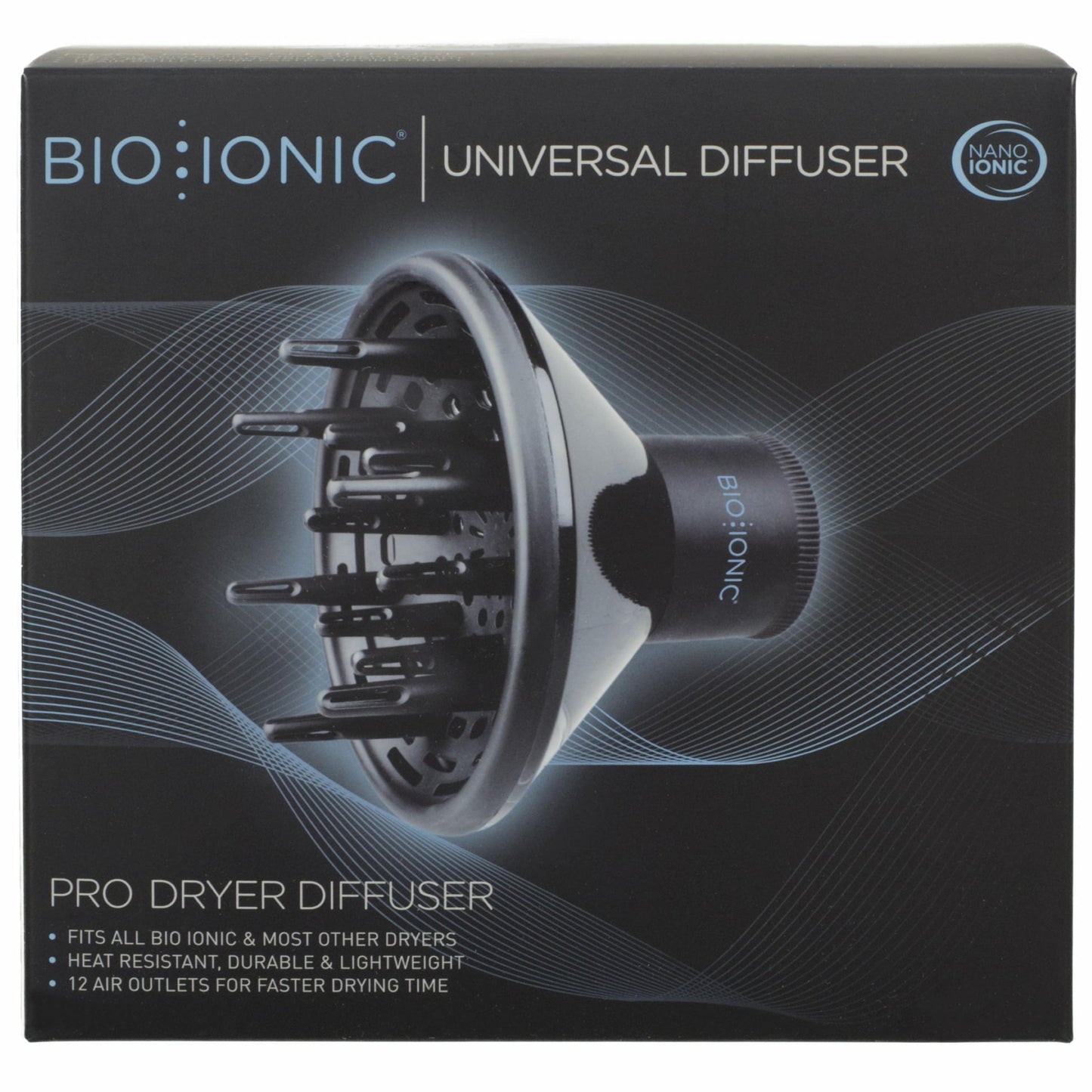 Packaging of the Bio Ionic Universal Diffuser imported from the United States