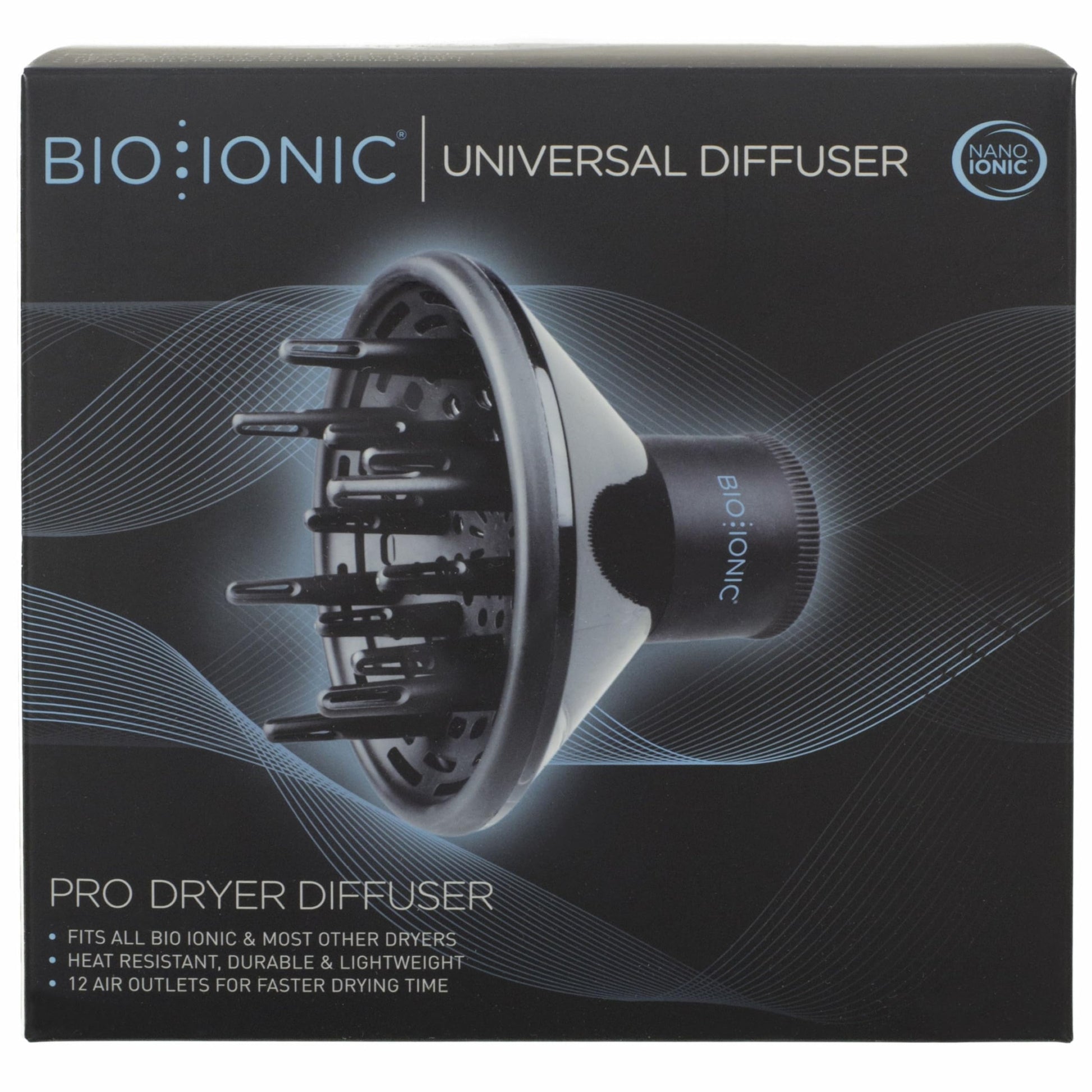 Packaging of the Bio Ionic Universal Diffuser imported from the United States