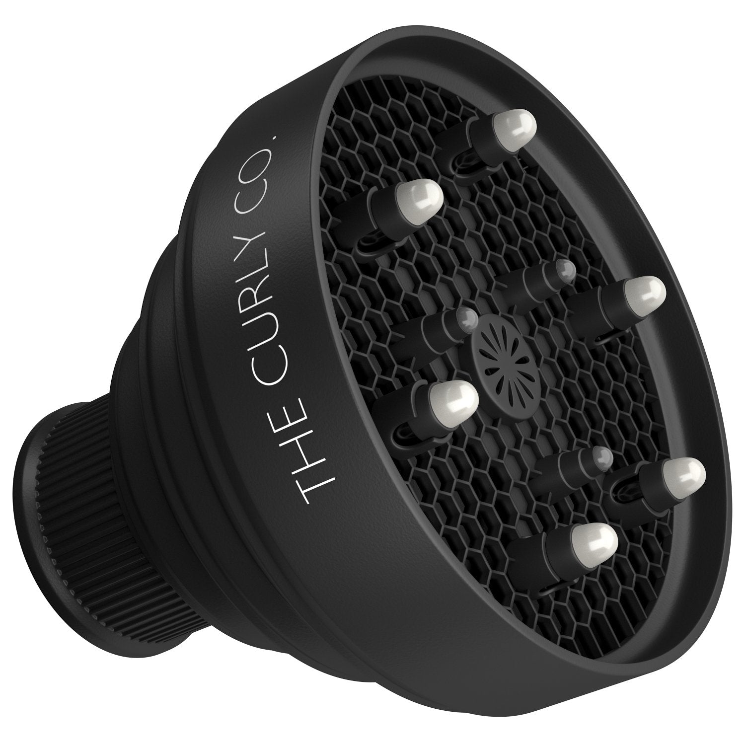 The Curly Co. Travel Diffuser collapsed flat demonstrating its compact storage capabilities.