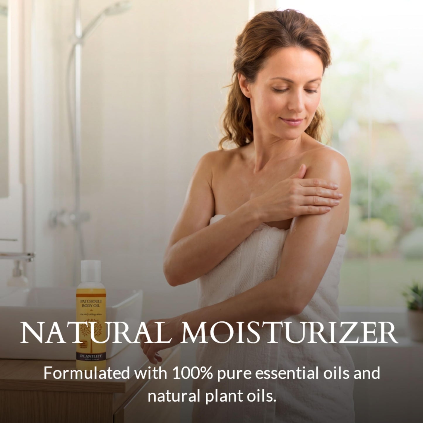 Plantlife Patchouli Bath and Massage Oil yellow liquid formula showing the ingredients label