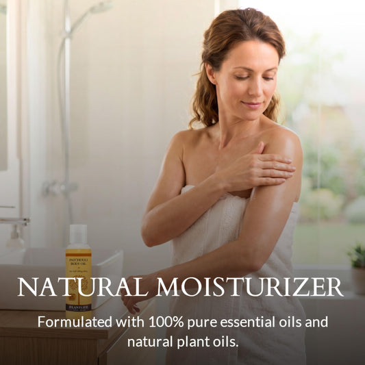 Plantlife Patchouli Bath and Massage Oil yellow liquid formula showing the ingredients label