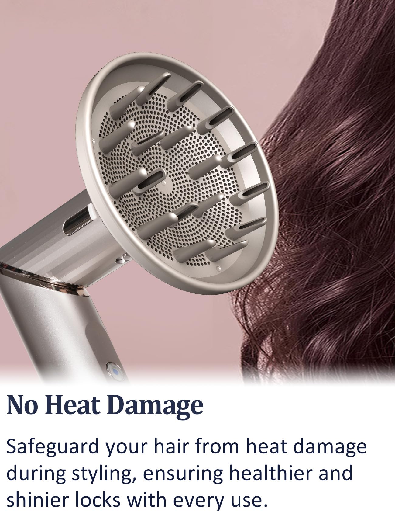 Premium matte grey hair diffuser tool displaying prong layout for wavy and coily hair textures