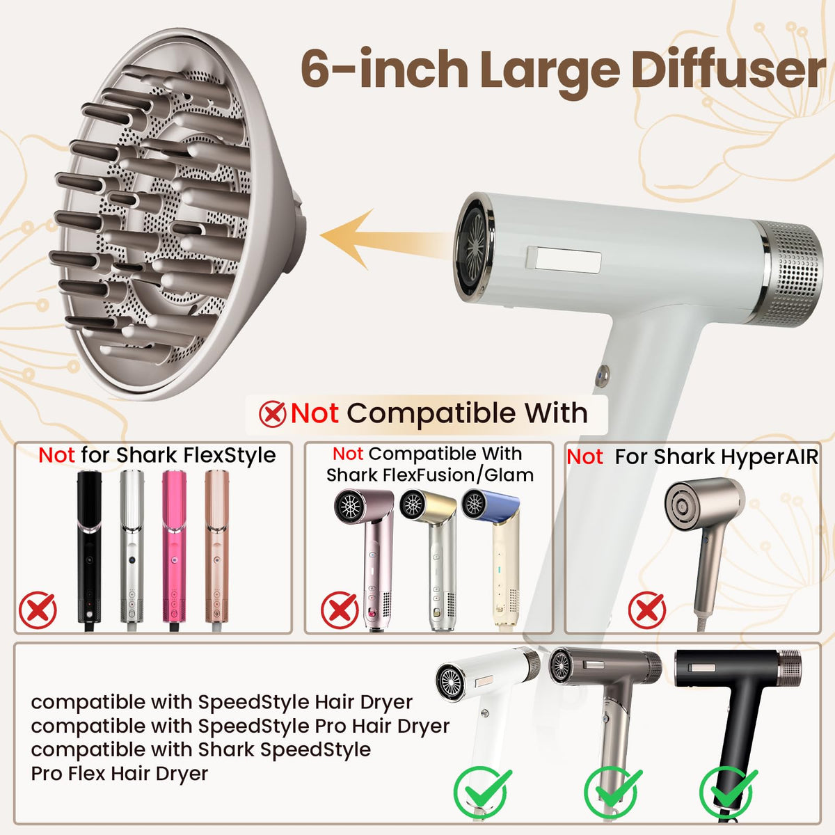 Beige upgraded hair diffuser nozzle attachment showing deep teeth for root volume