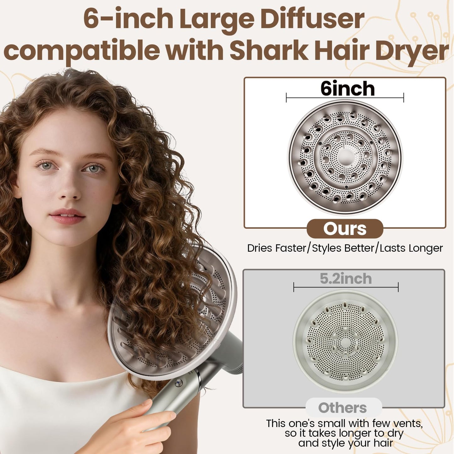 Six inch wide diffuser attachment compatible with Shark SpeedStyle hair dryer models