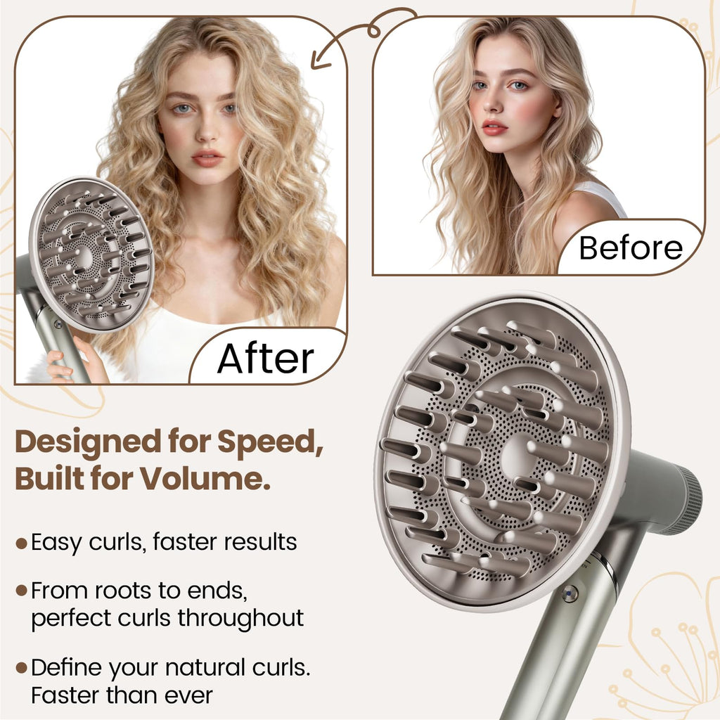 Premium curly hair diffuser attachment showcasing even airflow ventilation pattern