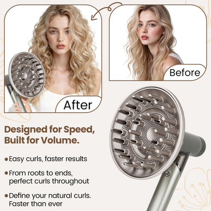 Premium curly hair diffuser attachment showcasing even airflow ventilation pattern