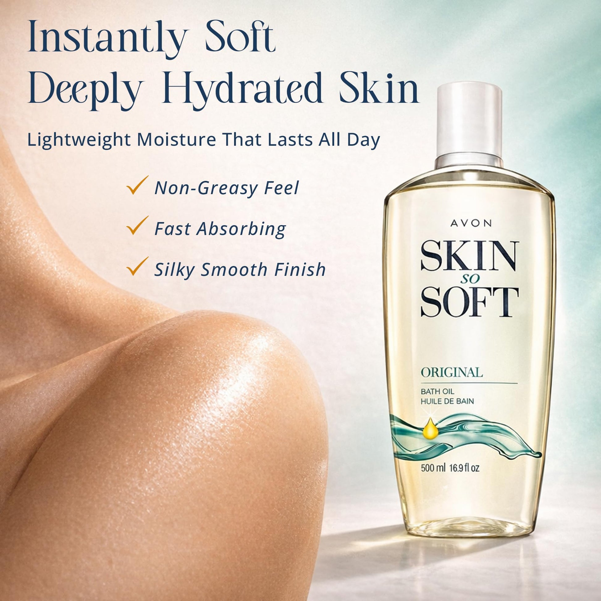 Avon Skin So Soft 16.9 fluid ounce bath oil packaging showing product details