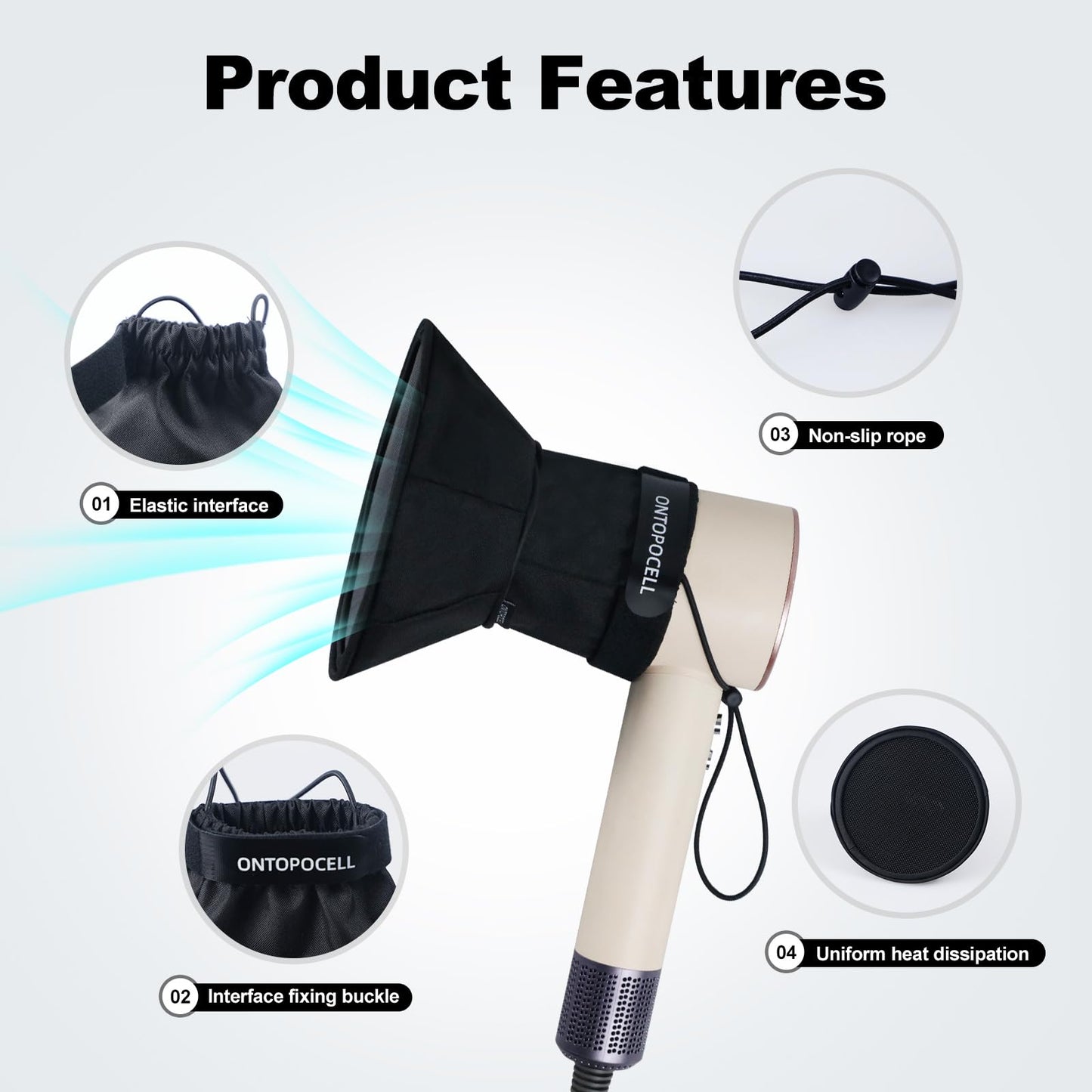 ONTOPOCELL portable hair diffuser flattened to demonstrate its ultra-compact space saving size for travel