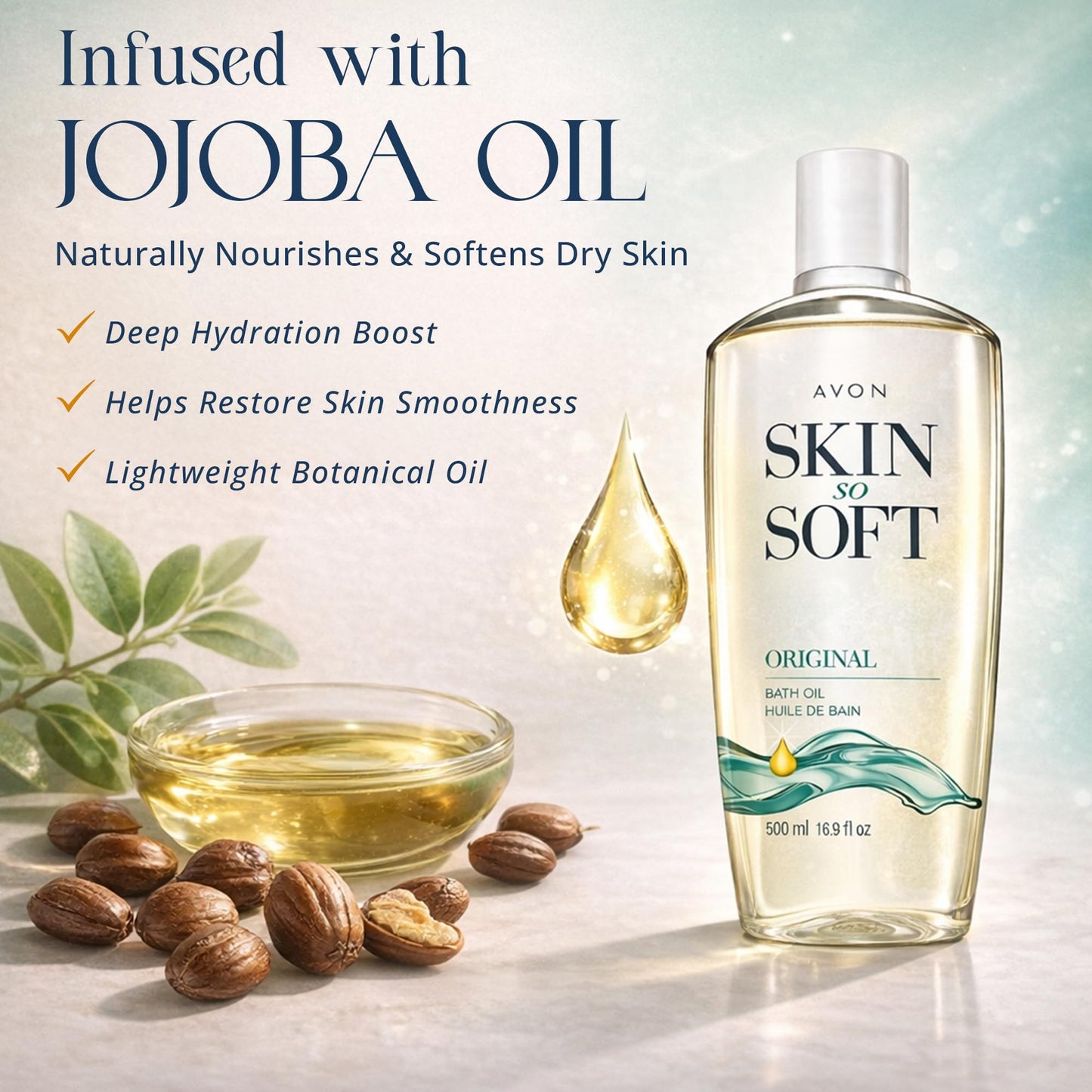 Avon moisturizing body oil with jojoba oil showing bottle texture and label