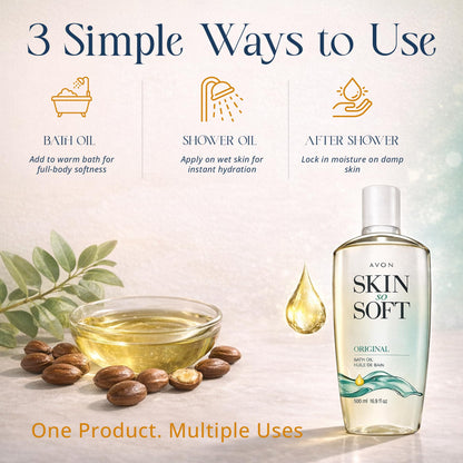 Avon Skin So Soft herbal scent luxury body oil back label instructions