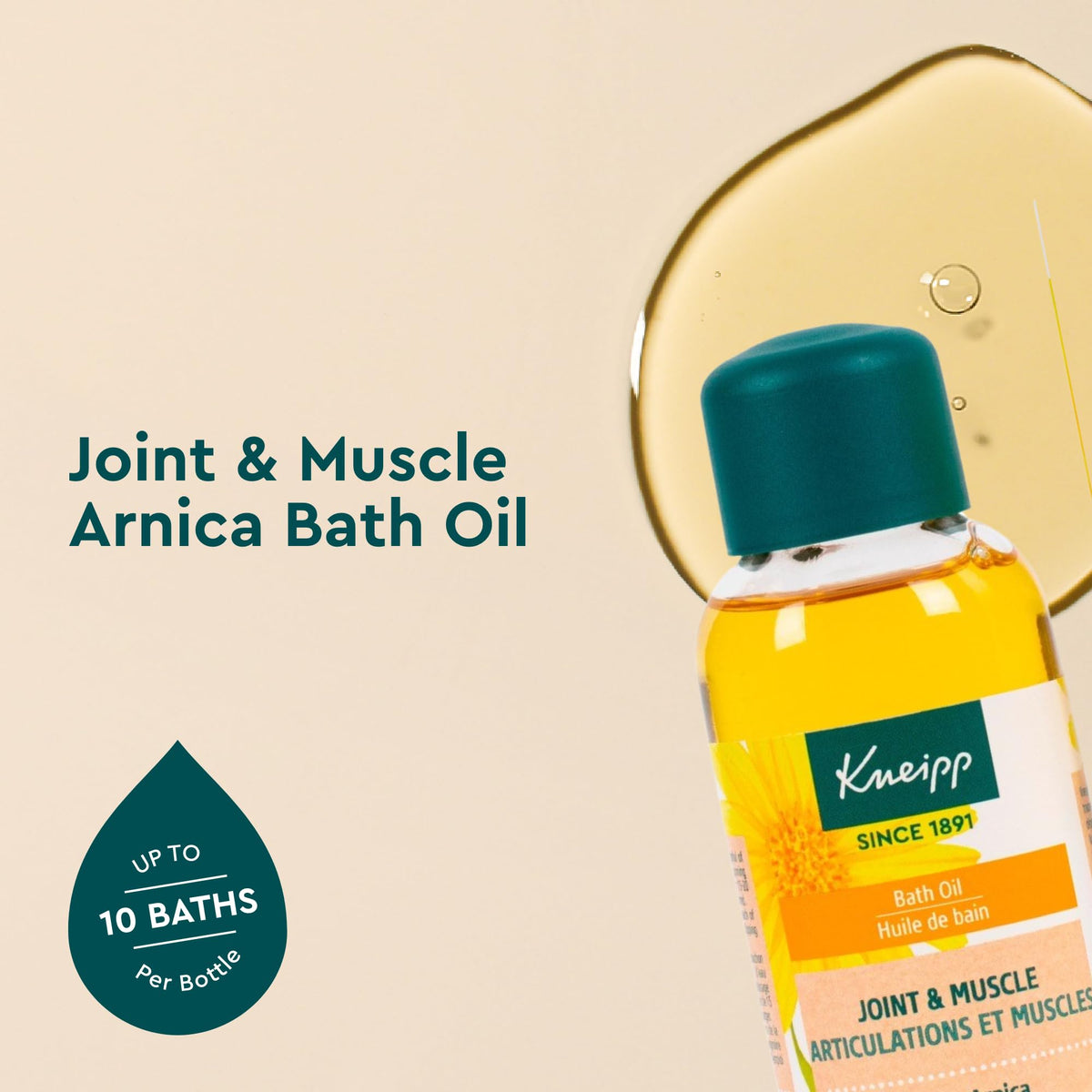 Kneipp arnica bath oil bottle next to fresh arnica flowers