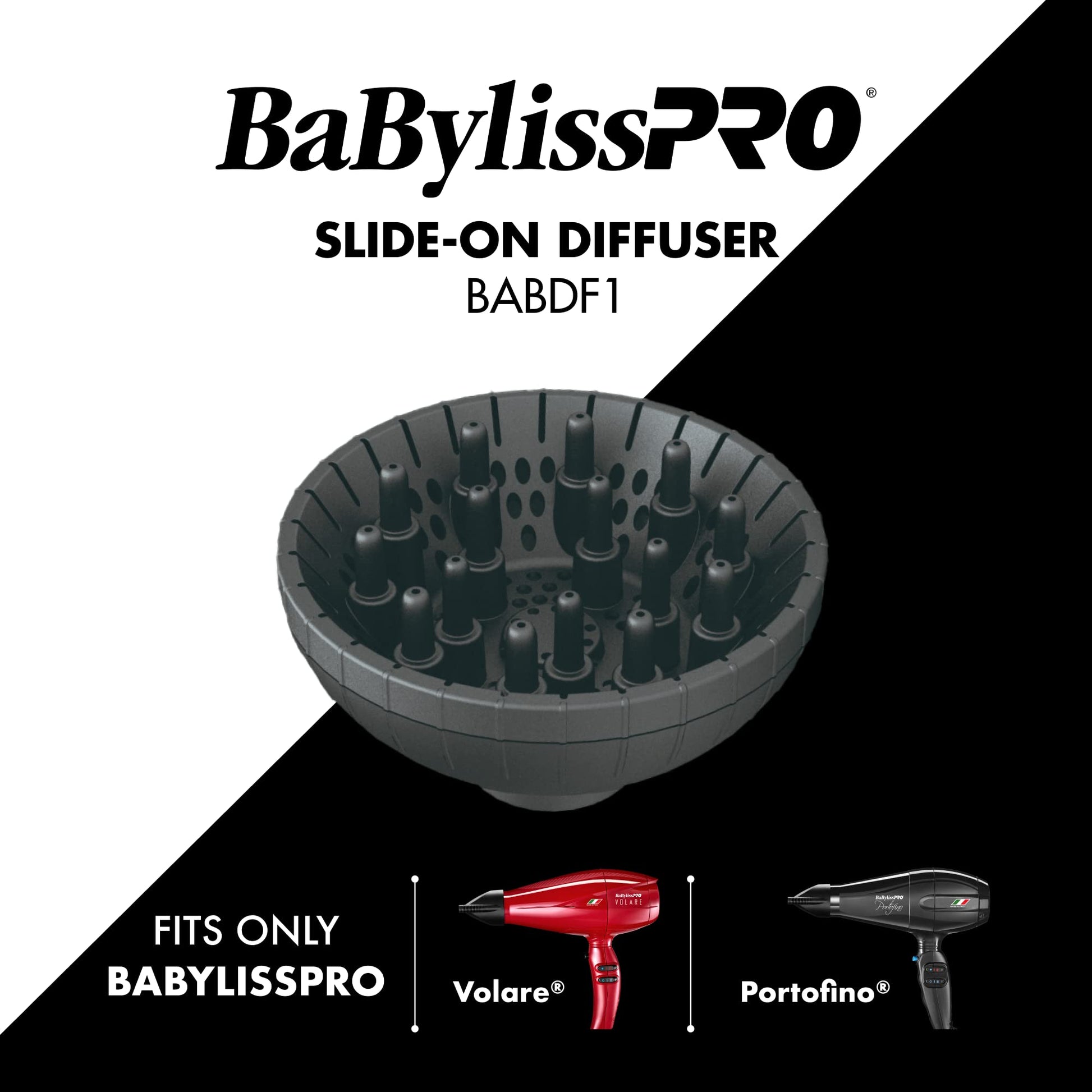 BaBylissPRO BABDF1 model diffuser showing the twelve integrated airflow fingers