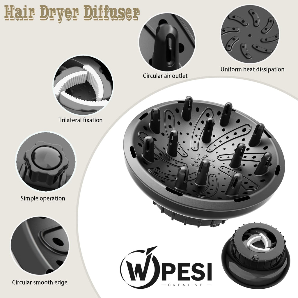 Black hair dryer diffuser nozzle showing honeycomb air vent design and integrated pronged fingers.