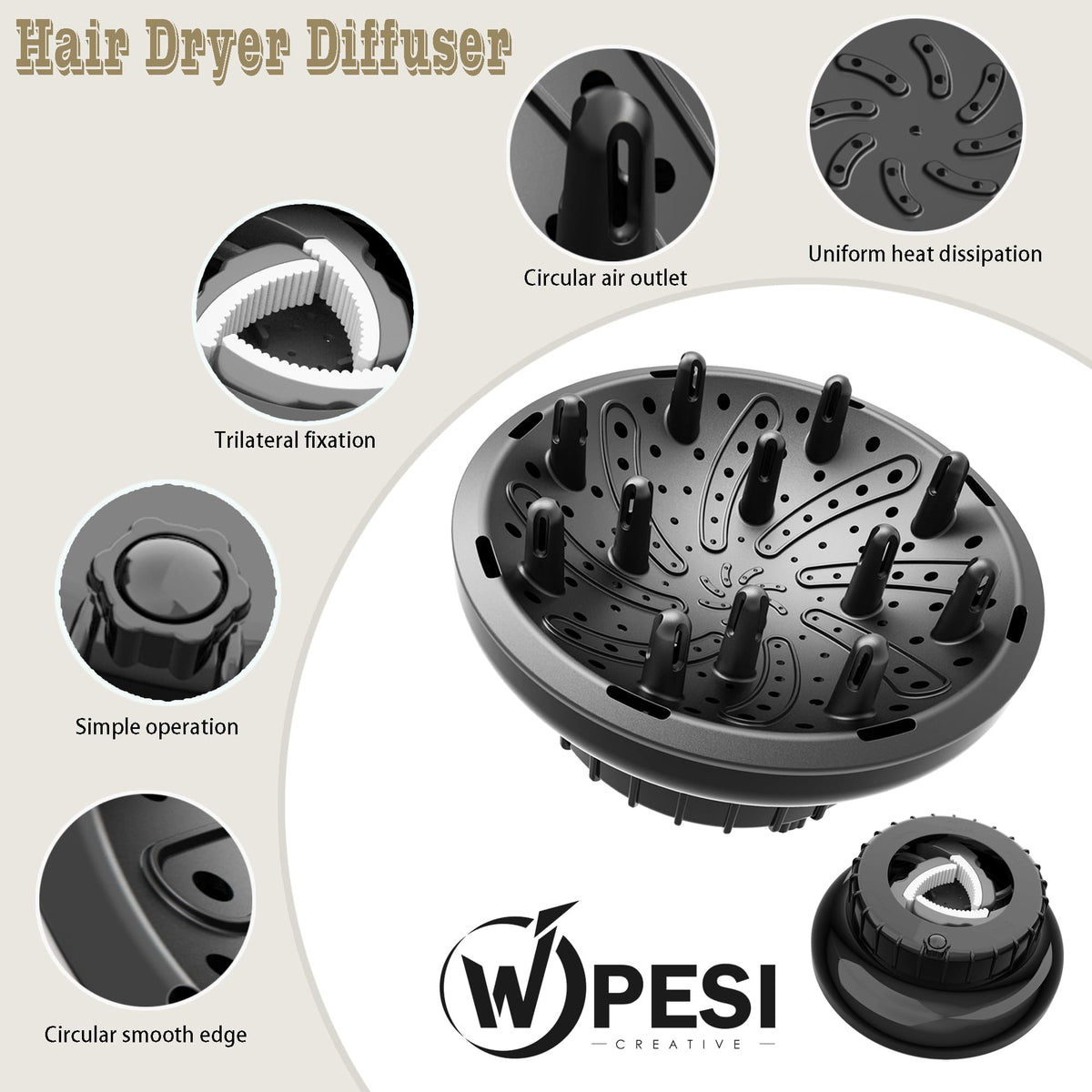 Black hair dryer diffuser nozzle showing honeycomb air vent design and integrated pronged fingers.