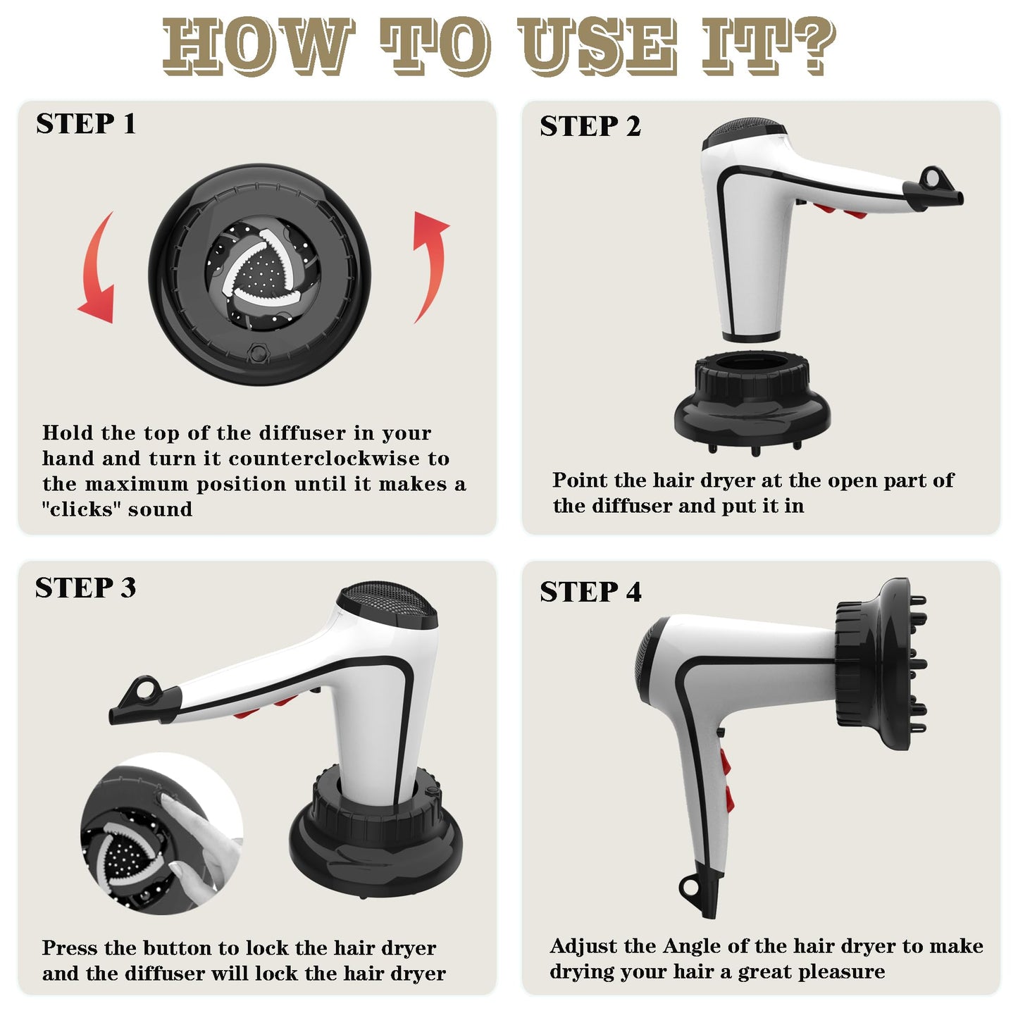 Universal blow dryer attachment showcasing the adjustable twist mechanism for varying nozzle diameters.