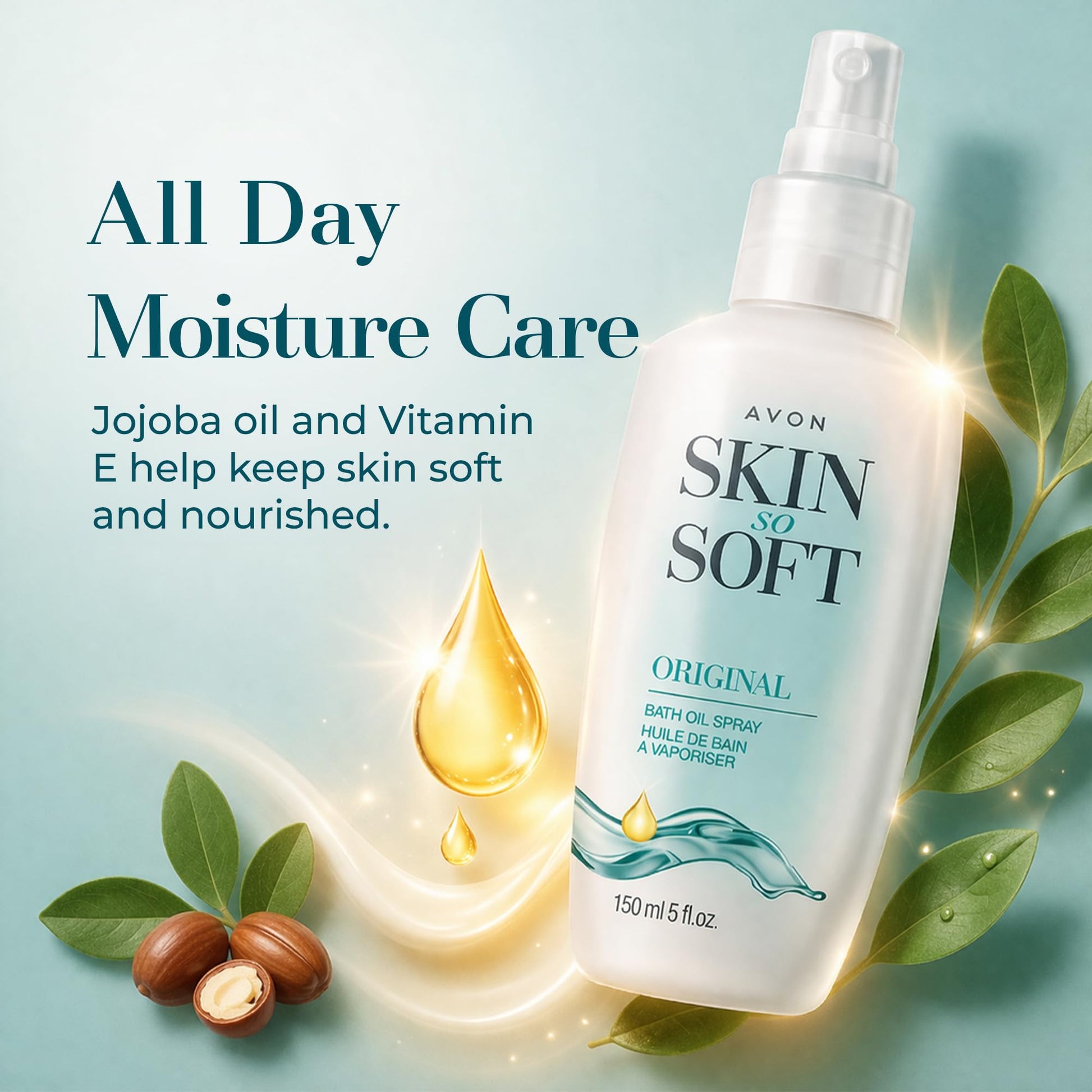 Lightweight dry body oil mist application using the convenient precision spray nozzle for mess-free hydration.