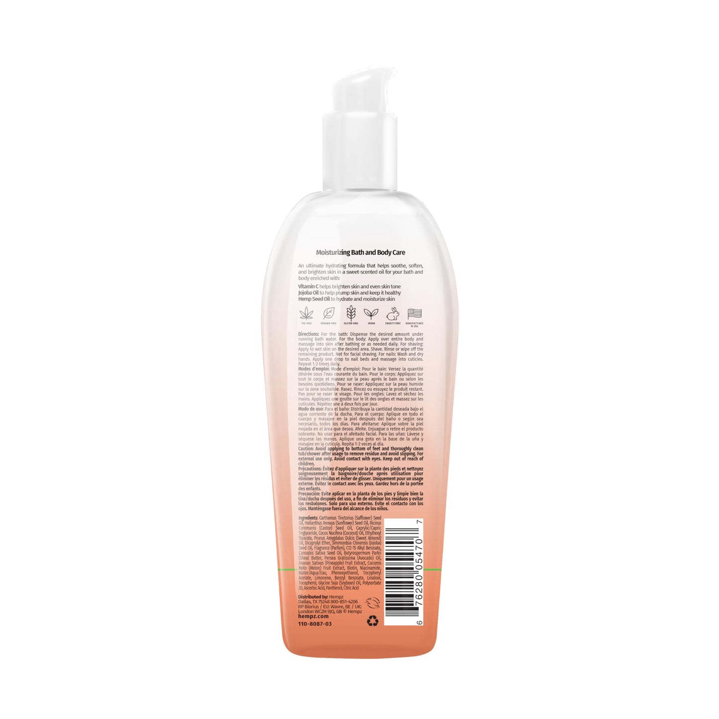 Hempz 6.76 fluid ounces tropical hydrating body oil back label showing ingredients