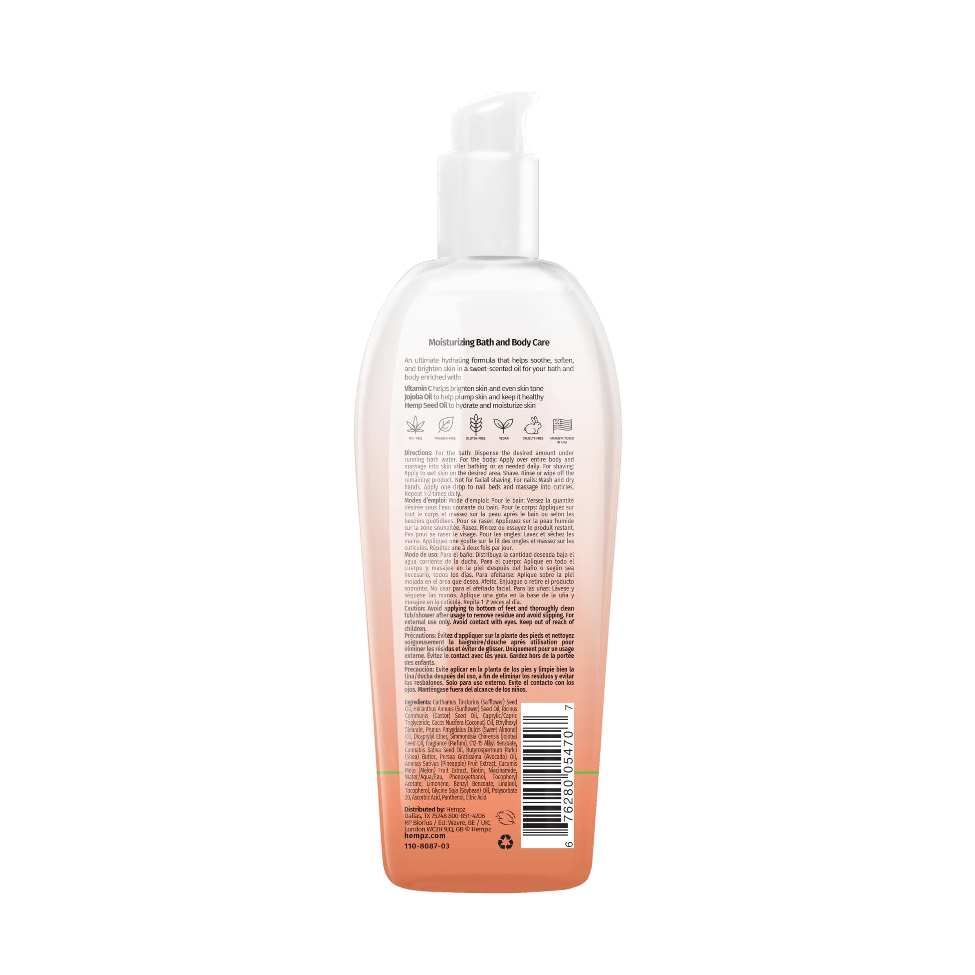 Hempz 6.76 fluid ounces tropical hydrating body oil back label showing ingredients