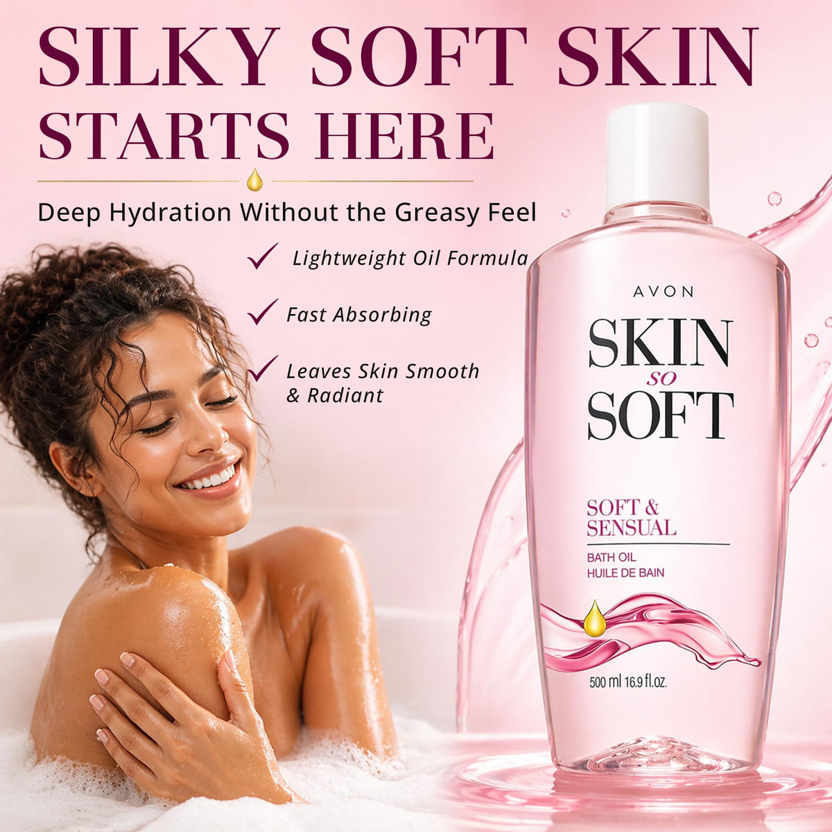 Avon Skin So Soft Soft And Sensual Bath Oil back label details