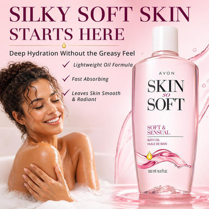 Avon Skin So Soft pink-tinted bath oil bottle with argan oil description