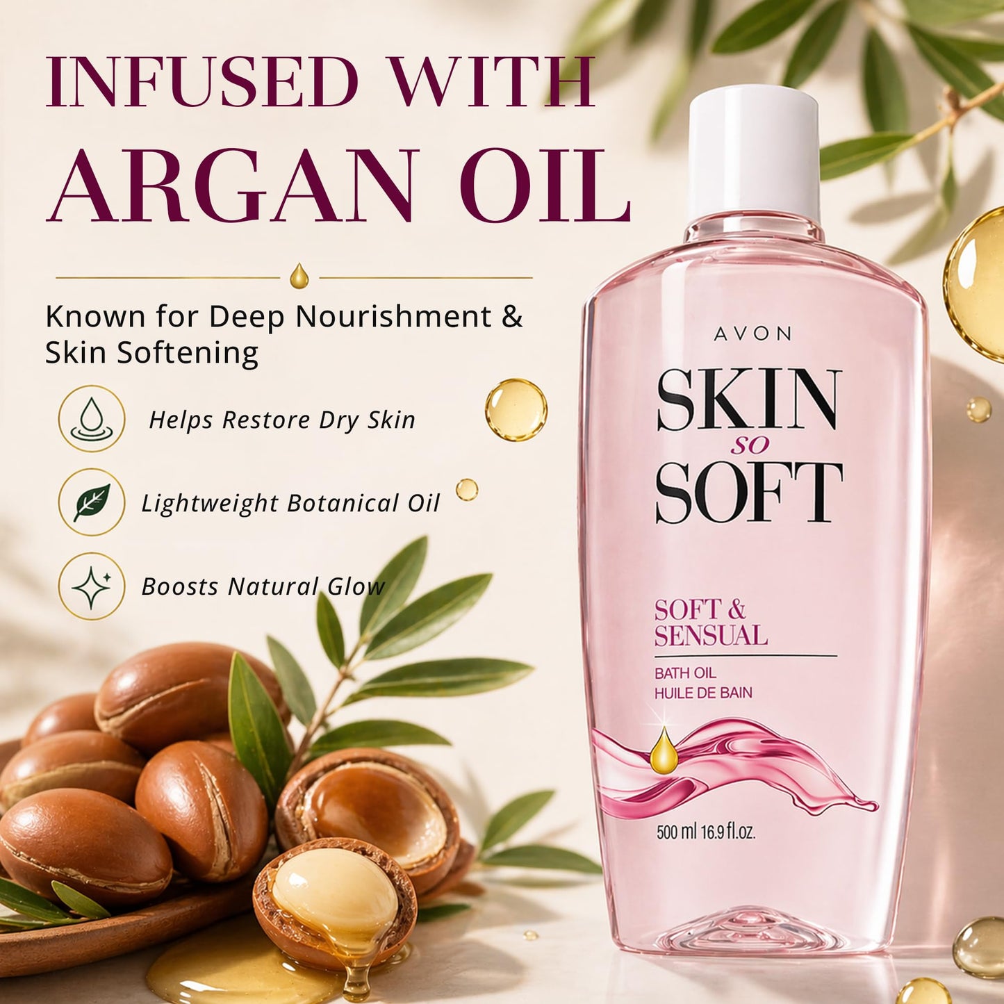 Avon 16.9 Fluid Ounce Soft And Sensual Moisturizing Body Oil packaging detail