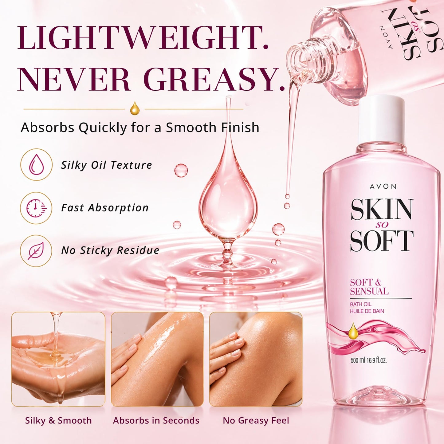 Close up of Avon Soft And Sensual Bath Oil directions and product info