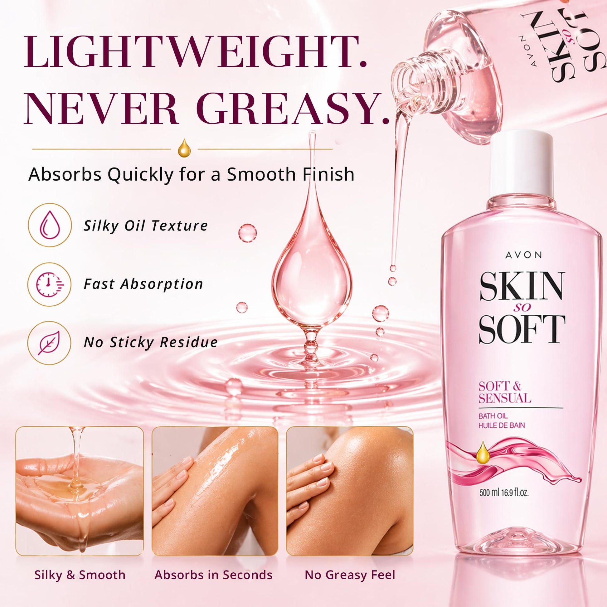 Close up of Avon Soft And Sensual Bath Oil directions and product info