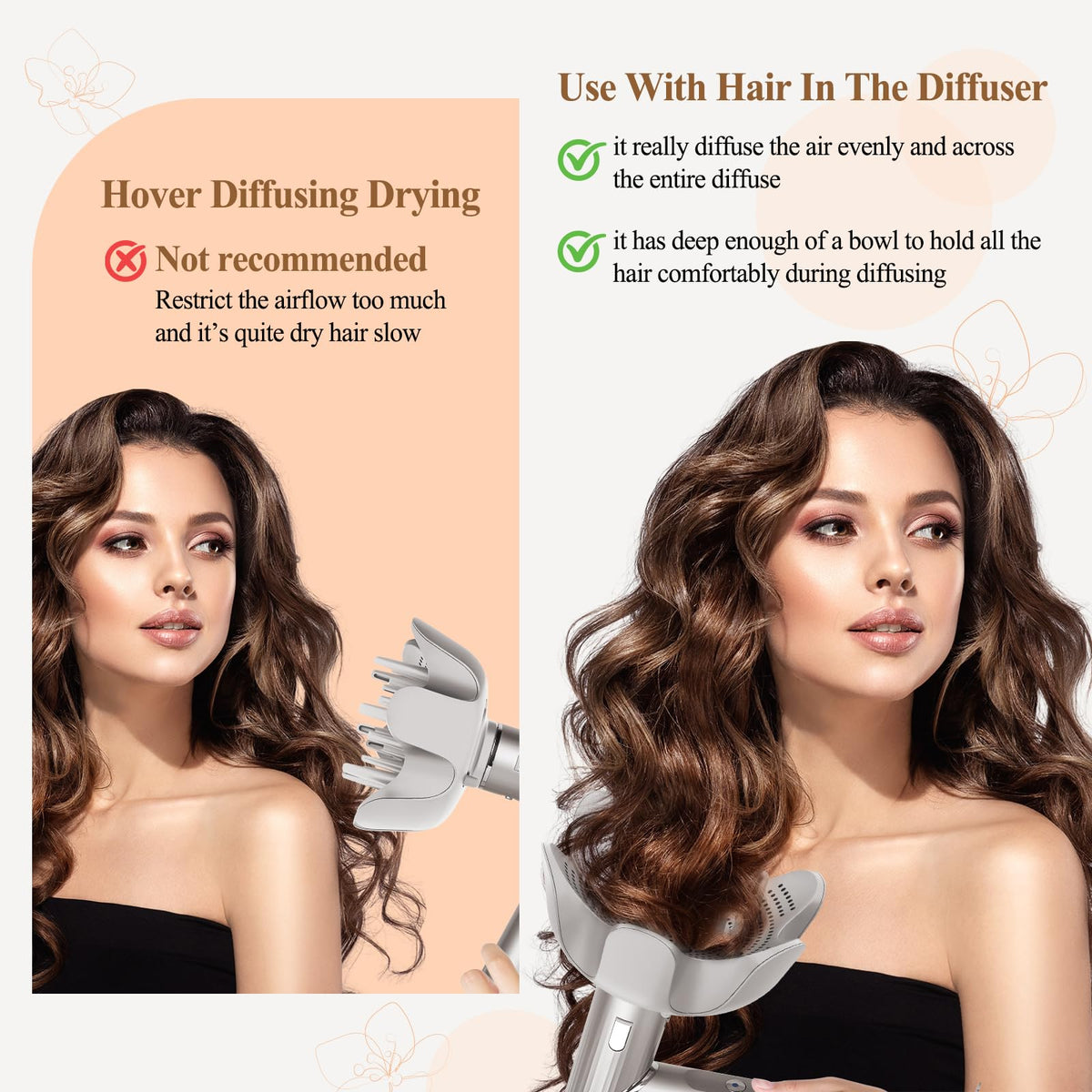 Fabmira curl defining diffuser attachment with prongs fully extended for voluminous thick hair styling