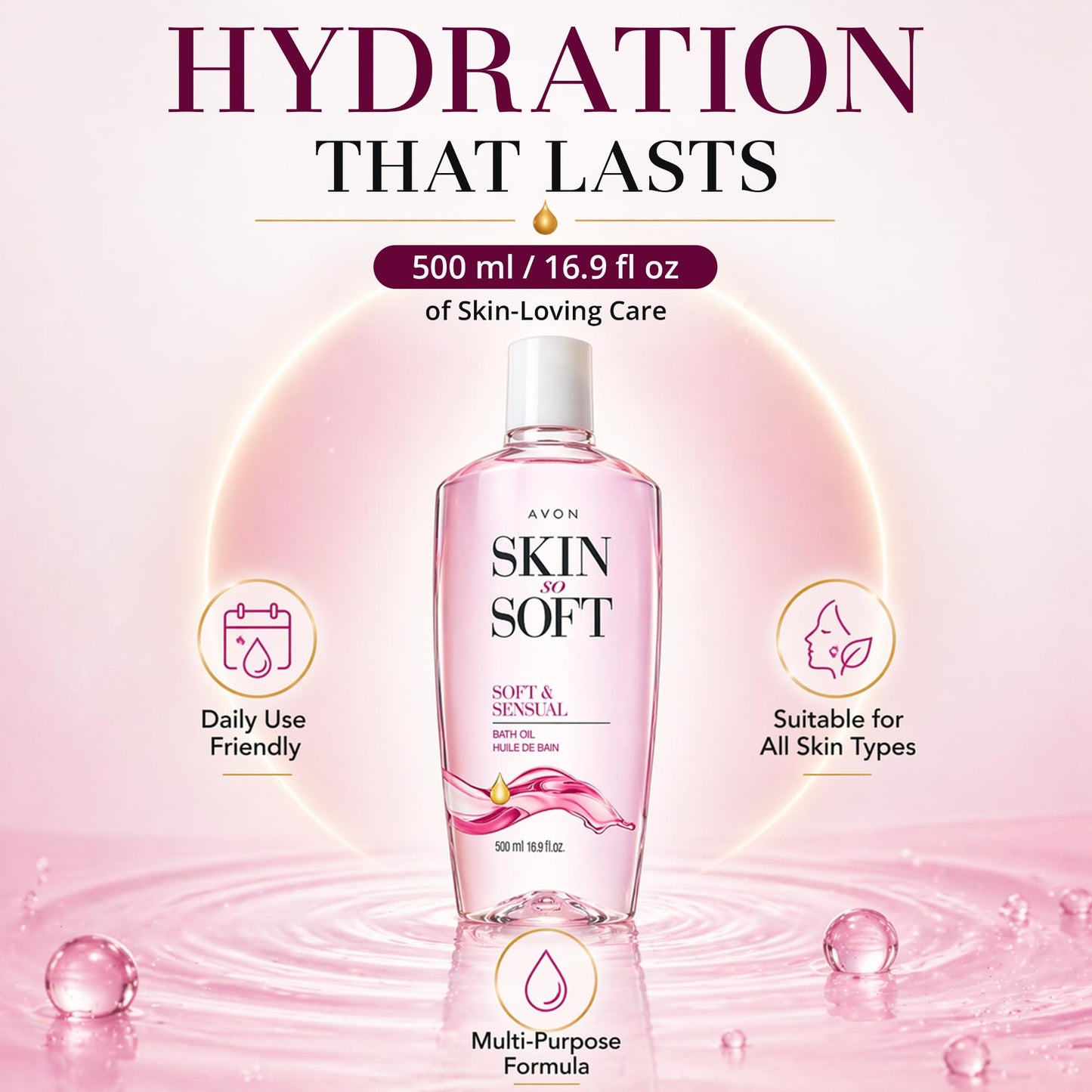 Avon dry skin moisturizing body oil bottle highlighting 48 hour hydration claim