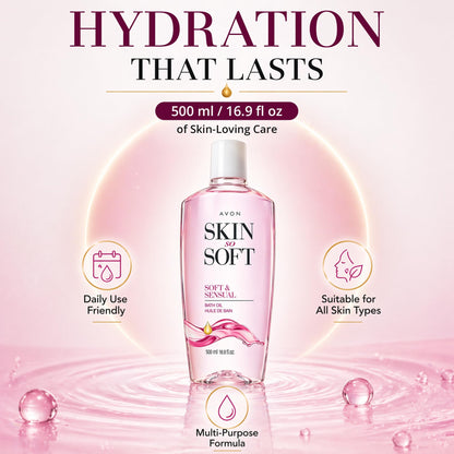 Avon dry skin moisturizing body oil bottle highlighting 48 hour hydration claim