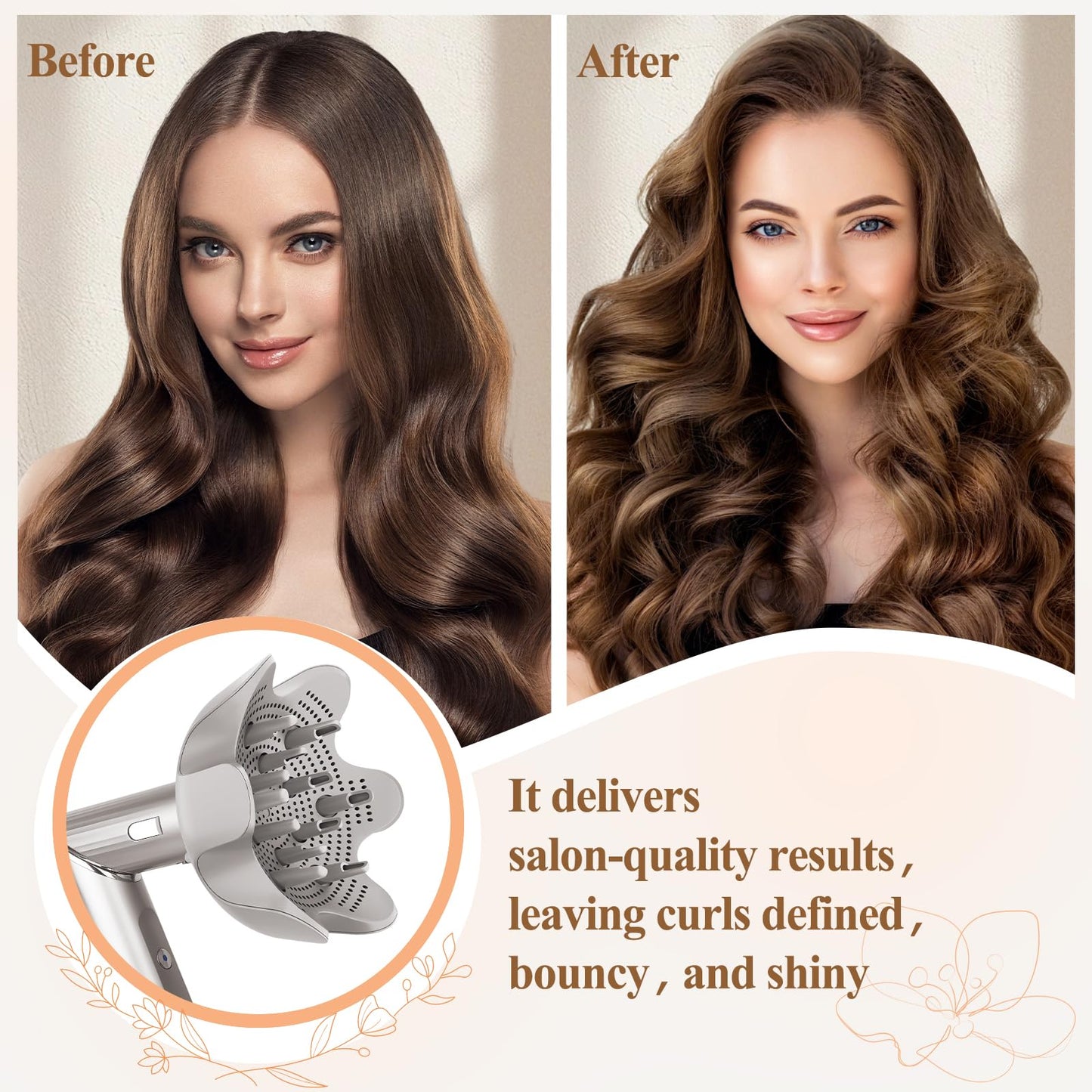 Top down perspective of Fabmira hair dryer attachment demonstrating the spiral airflow vents for frizz reduction