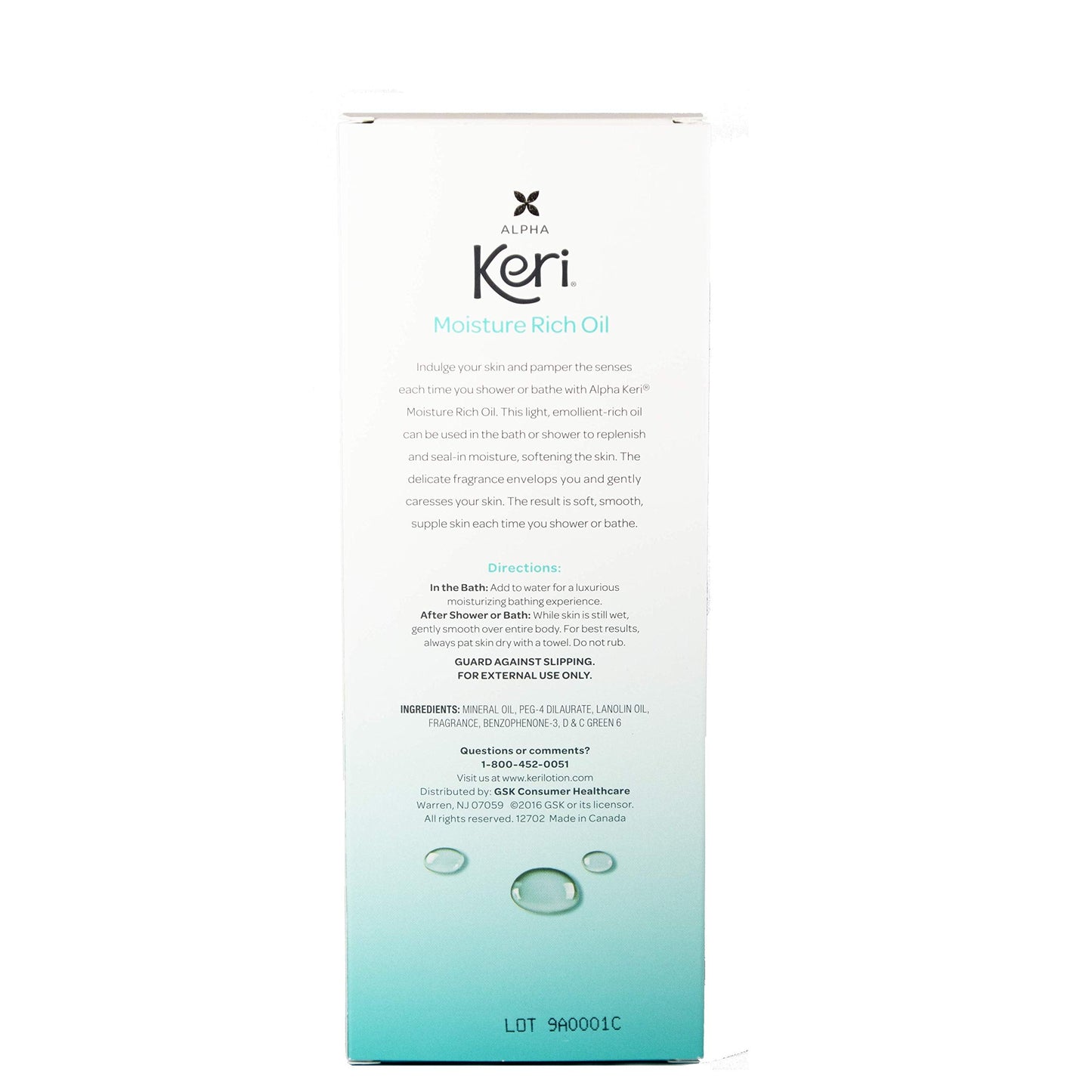 Back label of Keri Rich Moisture Oil displaying full ingredient list and step by step directions for bath and shower use.
