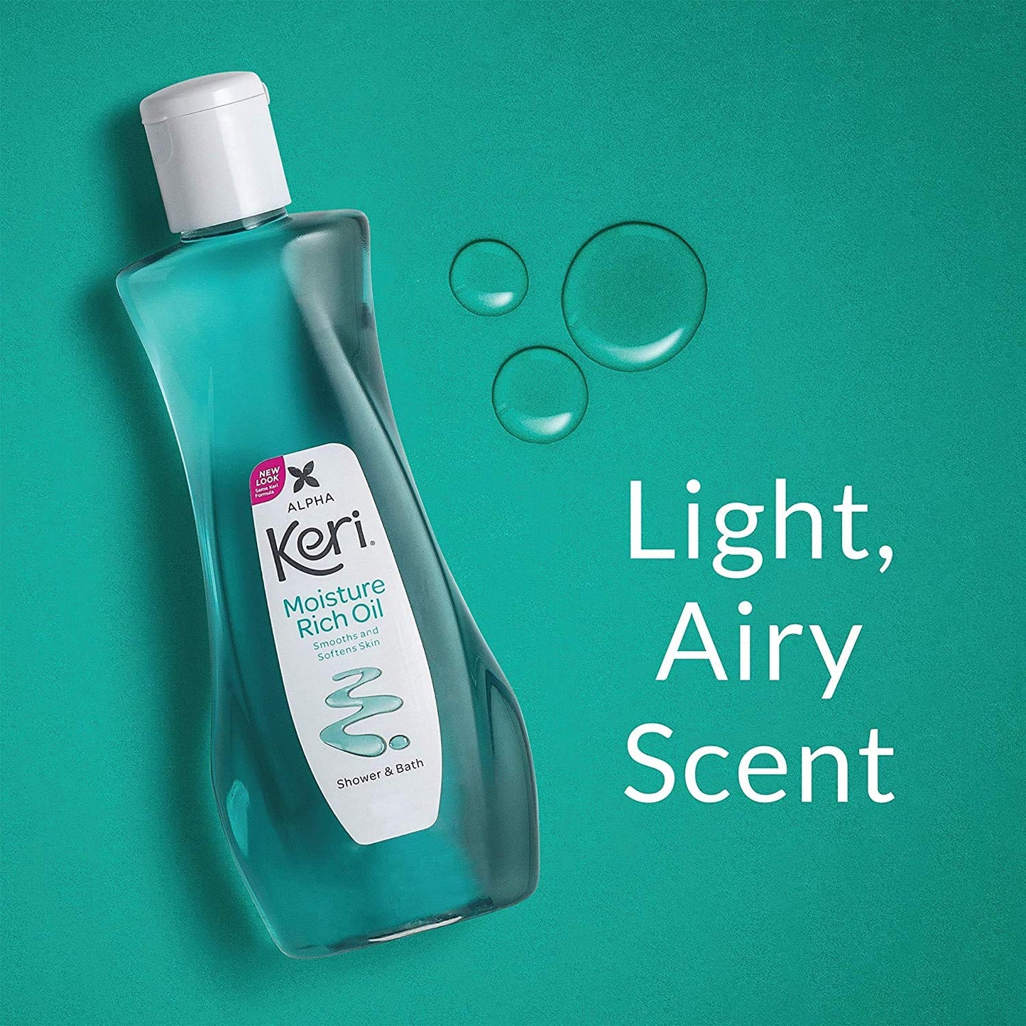 Keri Moisture Rich Shower and Bath Oil placed next to a fresh white towel emphasizing a luxury home spa experience.