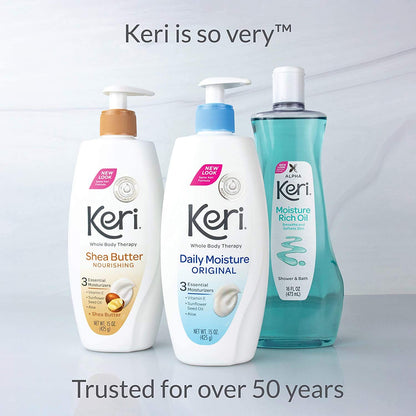 Close up of the secure cap and packaging details on the Keri 16 Fluid Ounce imported moisturizing body oil bottle.